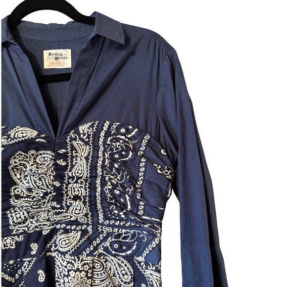 Holding Horses Navy Blue Bandana Print Button Front Midi Shirt Dress Size 8 - Picture 3 of 12